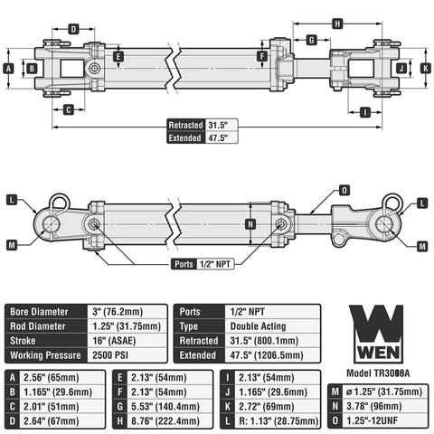 Diagram of ASAE Tie Rod Hydraulic Cylinder Built Tough For Heavy Duty Work, 2500 PSI, 3 Inch Bore, 16 Inch Stroke, with specifications.