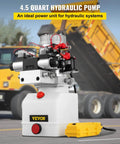 Double Acting 4 Way Hydraulic Pump Power Unit With 12V DC Motor 2 GPM Flow 3200 PSI Max For Dump Trailer Lifting And Car Lift 4.5 Quart Reservoir VEVOR shown with dump truck in background