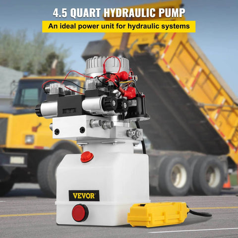 Double Acting 4 Way Hydraulic Pump Power Unit With 12V DC Motor 2 GPM Flow 3200 PSI Max For Dump Trailer Lifting And Car Lift 4.5 Quart Reservoir VEVOR shown with dump truck in background