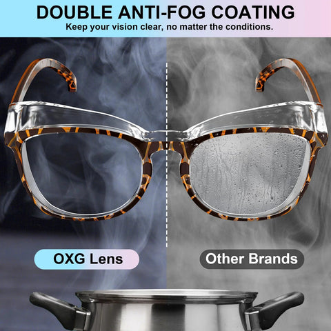 Half-clear and half-fogged tortoise frame glasses showing anti-fog and blue light blocking features of 4 Pack Anti Fog Safety Glasses With Blue Light Blocking Lenses For Women Men.