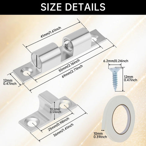 Size details of 12Pcs Double Ball Tension Roller Cabinet Catch Latch Set 70mm Solid Brass Hardware With Screws And Adhesive Tape