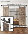 Double Sliding Barn Door Hardware Kit - 12 FT Black Heavy Duty Steel Rail with wooden doors installed in bedroom