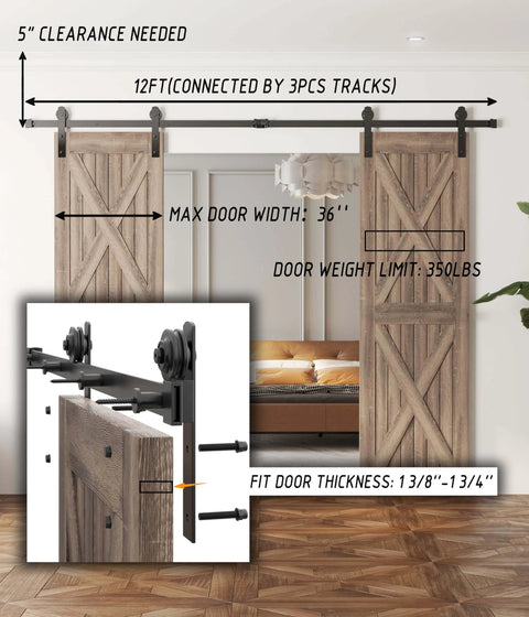 Double Sliding Barn Door Hardware Kit - 12 FT Black Heavy Duty Steel Rail with wooden doors installed in bedroom