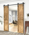 Interior scene showing wood doors with 6Ft Barn Door Hardware Kit Double Sliding Door System Black Carbon Steel Heavy Duty Track Rail.