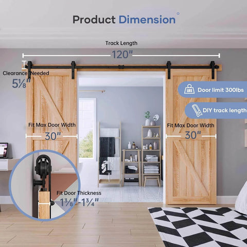 10 FT Double Door Sliding Barn Door Hardware Track Kit installed on wooden doors, highlighting 120 inch track length and dimensions.