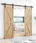 8.2FT Double Barn Door Hardware Kit for Two 24 Inch Door Panels, installed on a living room entryway, carbon steel track, natural wood doors