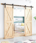 8FT Double Barn Door Hardware Kit for Two 24 Inch Door Panels installed on wooden doors, in a modern interior space.