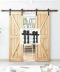 8.2FT Double Barn Door Hardware Kit for Two 24 Inch Door Panels installed in a living room. Heavy duty carbon steel sliding track.