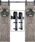 6.6 Ft Double Barn Door Hardware Kit For Sliding Doors With Smooth Quiet Track And Easy Installation in black finish