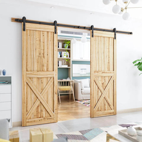 10FT Double Barn Door Hardware Kit with Heavy Duty Sliding Track for Two 30 Inch Door Panels installed in modern room