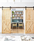Living room with 10FT Double Barn Door Hardware Kit with Heavy Duty Sliding Track for Two 30 Inch Door Panels, doors open.