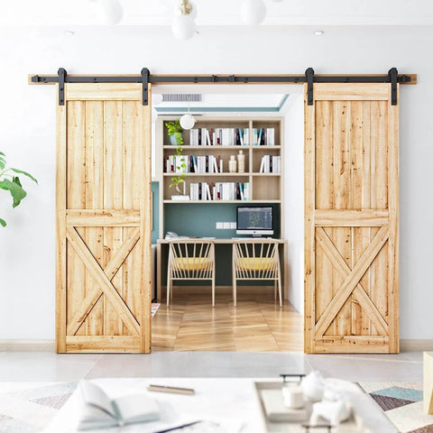 Living room with 10FT Double Barn Door Hardware Kit with Heavy Duty Sliding Track for Two 30 Inch Door Panels, doors open.