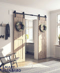 6.6 Ft Double Barn Door Hardware Kit For Sliding Doors With Smooth Quiet Track And Easy Installation Includes Detailed Installation Guide For 20 Inch Wide Door Panel J Shape Hanger Black Finish installed in a living room.