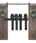Double Sliding Barn Door Hardware Kit - 12 FT Black Heavy Duty Steel Rail with two wooden doors and rollers