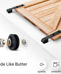 Close-up of 6.6 FT Double Door Sliding Barn Door Hardware Track Kit with basic J pulley and ball bearing rollers for smooth operation.