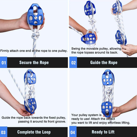 Step-by-step instruction for using Heavy-Duty Double Block and Tackle Pulley System - 100Ft x 1/2'' Rope, 7700 LB(35KN) Breaking