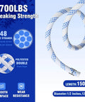 Close-up of the 150ft 1/2'' rope showing 7700 LB breaking strength and features for Double Block and Tackle Pulley System.