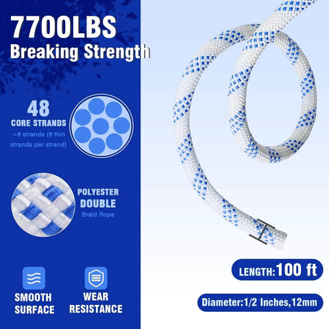 Close-up of 1/2 inch double braid rope with 7700 lb breaking strength for Heavy-Duty Double Block and Tackle Pulley System.