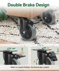 5 Inch Heavy Duty Caster Wheels Set Of 4 With Brakes installed on wooden furniture, grey polyurethane, total 2200 lbs capacity.