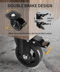 Close-up of 5 inch heavy duty swivel caster wheels set of 4 with double safety brakes stainless steel frame polyurethane wheels 360 swivel locking industrial casters rated 2200 lb total for carts furniture workstations & equipment includes full hardware kit.