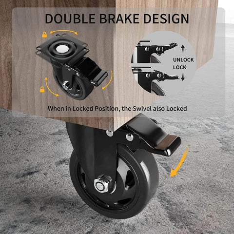 Close-up of 5 inch heavy duty swivel caster wheels set of 4 with double safety brakes stainless steel frame polyurethane wheels 360 swivel locking industrial casters rated 2200 lb total for carts furniture workstations & equipment includes full hardware kit.