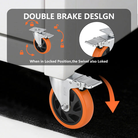 Five Inch Caster Wheels Set Of Four With Two Swivel Casters With Brakes And Two Rigid Casters in action on furniture, orange wheel