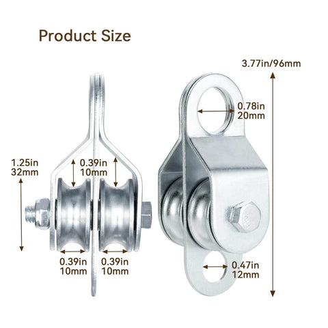 Double Cable Pulley Block with Ball Bearings for 0.23 Inch/6mm Wire Rope, dimensions shown, double wheel design visible.