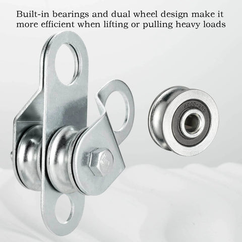 Double Cable Pulley Block with Ball Bearings for 0.23 Inch/6mm Wire Rope, dual wheel design for lifting systems, visible close-up