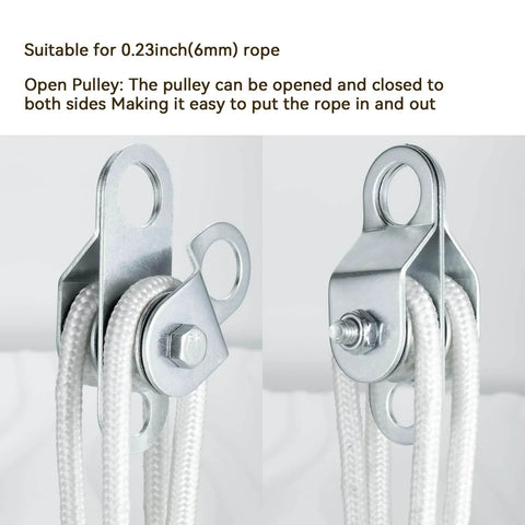 Double Cable Pulley Block with Ball Bearings for 0.23 Inch/6mm Wire Rope, shown open with white rope.