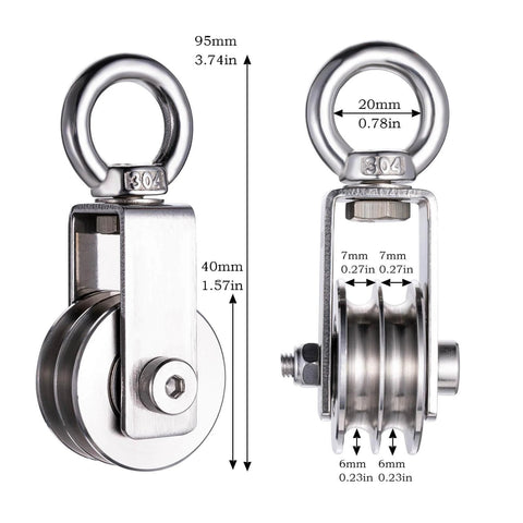 SHINICO Double Cable Pulley Block Heavy Duty Stainless Steel, Bearing Inside, Swivel Single Pulley Wheel, Good for Pulley Lifing System.