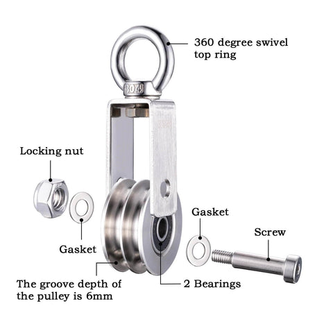 SHINICO Double Cable Pulley Block Heavy Duty Stainless Steel with 360° swivel, double groove, bearings and locking nut, for 550lb load.