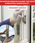 Heavy Duty Double Coated Window Glazing Tape One Sixteenth Inch Thick By Three Eighths Inch Wide One Hundred Fifty Feet Weather Resistant For Glass Bonding Panel Installations Gap Filling And Insulated Casements shown being applied to window.
