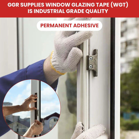 Heavy Duty Double Coated Window Glazing Tape One Sixteenth Inch Thick By Three Eighths Inch Wide One Hundred Fifty Feet Weather Resistant For Glass Bonding Panel Installations Gap Filling And Insulated Casements shown being applied to window.