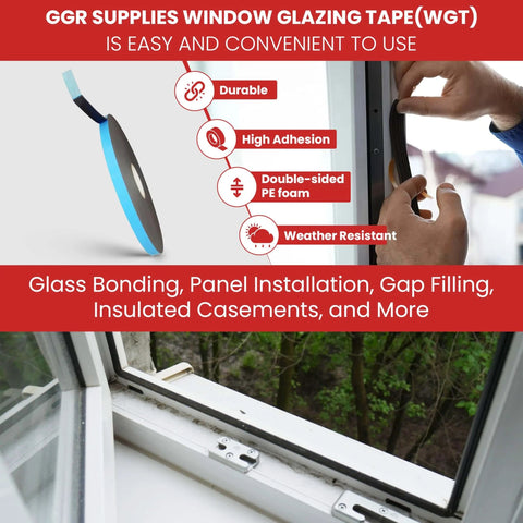 Heavy Duty Double Coated Window Glazing Tape One Sixteenth Inch Thick By Three Eighths Inch Wide One Hundred Fifty Feet Weather Resistant For Glass Bonding Panel Installations Gap Filling And Insulated Casements shown in installation process