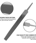 Flat Hand File With Double Cut Teeth For Wood And Metal In High Carbon Steel Designed For Shaping Deburring Smoothing And Finishing Projects Seven Point Five Inch Overall Length Six Inch File Length Six Tenths Of An Inch Wide Without Handle shown with precision tooth pattern and high carbon steel