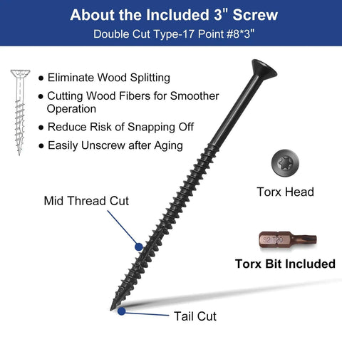Extra Large Door Strike Plate For Heavy Duty Latch Reinforcement, includes 3-inch screw, Torx head, mid thread cut, and tail cut, matte black.