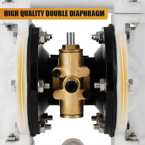 Close-up of Air Operated Double Diaphragm Pump QBK-15, showcasing metal and rubber components, industrial use.