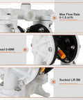 Front view of GCCSJ Air Operated Heavy Duty Double Diaphragm Transfer Pump 1/2" Inlet and Outlet, 13GPM, 100 PSI Max, Polypropylene Nitrile Rubber Stainless Steel Plastic Air Operated Waste Oil Transfer Pump showing specifications.
