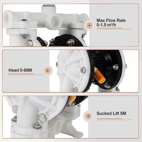 Front view of GCCSJ Air Operated Heavy Duty Double Diaphragm Transfer Pump 1/2" Inlet and Outlet, 13GPM, 100 PSI Max, Polypropylene Nitrile Rubber Stainless Steel Plastic Air Operated Waste Oil Transfer Pump showing specifications.