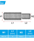 Diagram showing M5x15mm To M8x15mm Double End Threaded Stud Bolt in 304 stainless steel with sizes and thread details.