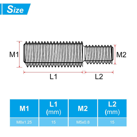 Diagram showing M5x15mm To M8x15mm Double End Threaded Stud Bolt in 304 stainless steel with sizes and thread details.