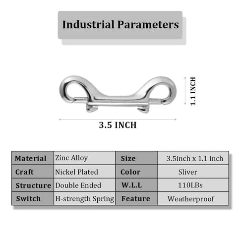 Eight Piece Set Of Double Ended Bolt Snap Hooks 3.5 Inches Heavy Duty Zinc Alloy Nickel Plated Weatherproof with specs