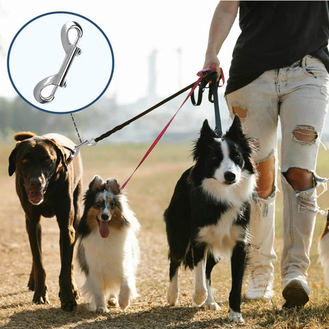 Person walking dogs with leashes using 24 Pcs 3.5 Inch Double Ended Bolt Snap Hooks Silver Zinc Alloy Double Trigger Metal Clips