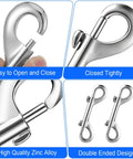 Close-up views of 15 Pack Double Ended Bolt Snap Hooks Four Point Seven Inch Heavy Duty Zinc Alloy Clips With 220 Pound Load Capacity showing design features.