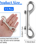 15 Pack Double Ended Bolt Snap Hooks Four Point Seven Inch Heavy Duty Zinc Alloy Clips With 220 Pound Load Capacity Ideal For Cat And Dog Leashes, shown against hand and size chart
