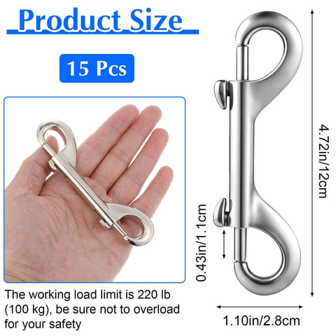 15 Pack Double Ended Bolt Snap Hooks Four Point Seven Inch Heavy Duty Zinc Alloy Clips With 220 Pound Load Capacity Ideal For Cat And Dog Leashes, shown against hand and size chart