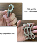 Eight Piece Set Of Double Ended Bolt Snap Hooks 3.5 Inches Heavy Duty Zinc Alloy Nickel Plated Weatherproof shown in hand.