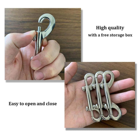 Eight Piece Set Of Double Ended Bolt Snap Hooks 3.5 Inches Heavy Duty Zinc Alloy Nickel Plated Weatherproof shown in hand.