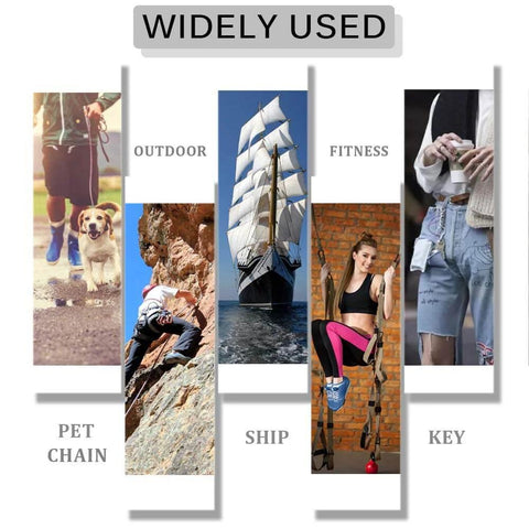 Collage showing Eight Piece Set Of Double Ended Bolt Snap Hooks 3.5 Inches with various uses: outdoor, pet chain, fitness, ship, key holder.