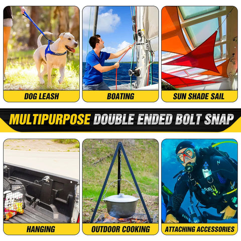 4.7 Inch Double Ended Bolt Snap Hooks With 220 Lbs Capacity Heavy Duty Rust Resistant Zinc Alloy Clips in use for various activities